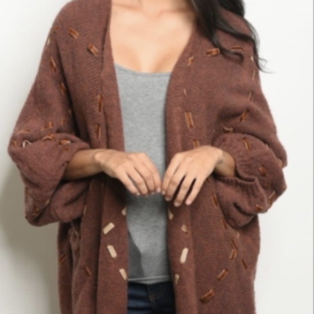 NWT Style Rack Chestnut Wool Blend Ribbon Accents Cardigan Sweater Women's L* - Picture 4 of 9